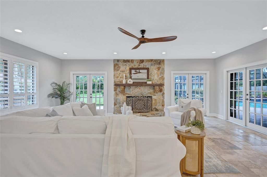 Fireplace, Interior, Living room, Recessed Lighting, Stone Walls