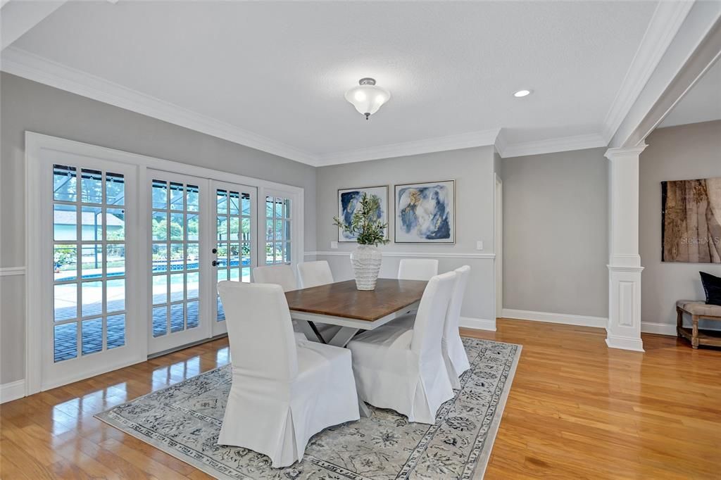 Dining room, Interior, Recessed Lighting, Wood Texture Flooring
