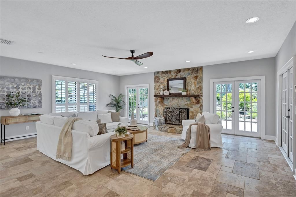 Fireplace, Interior, Living room, Recessed Lighting, Stone Walls
