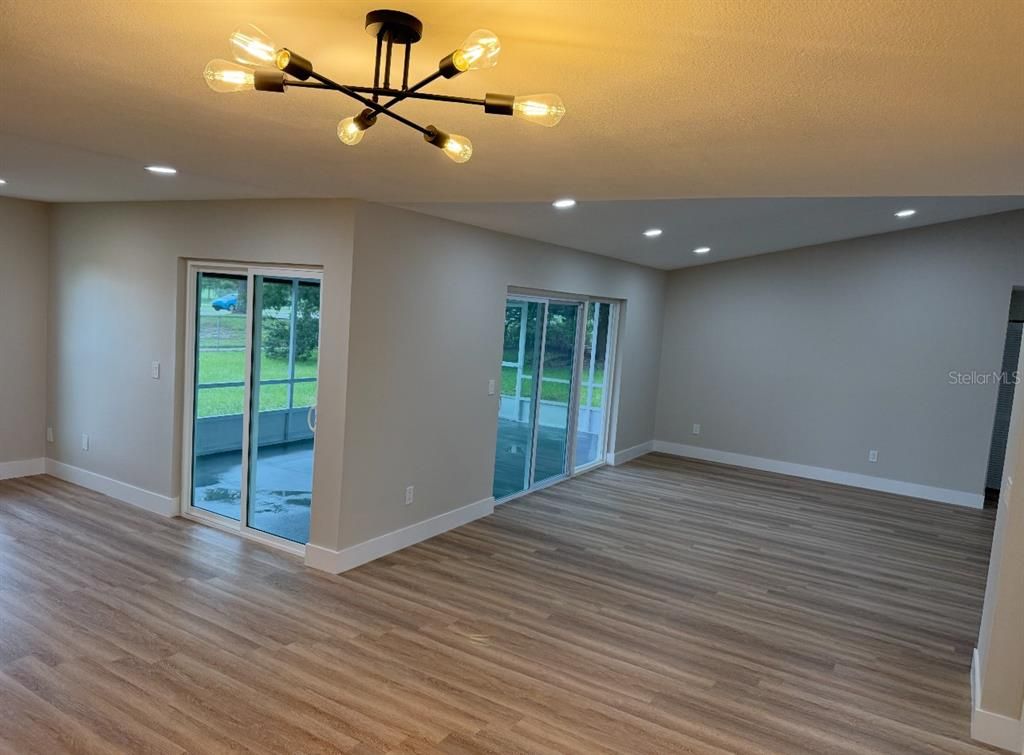 Empty room, Interior, Pendant Lights, Recessed Lighting, Wood Texture Flooring