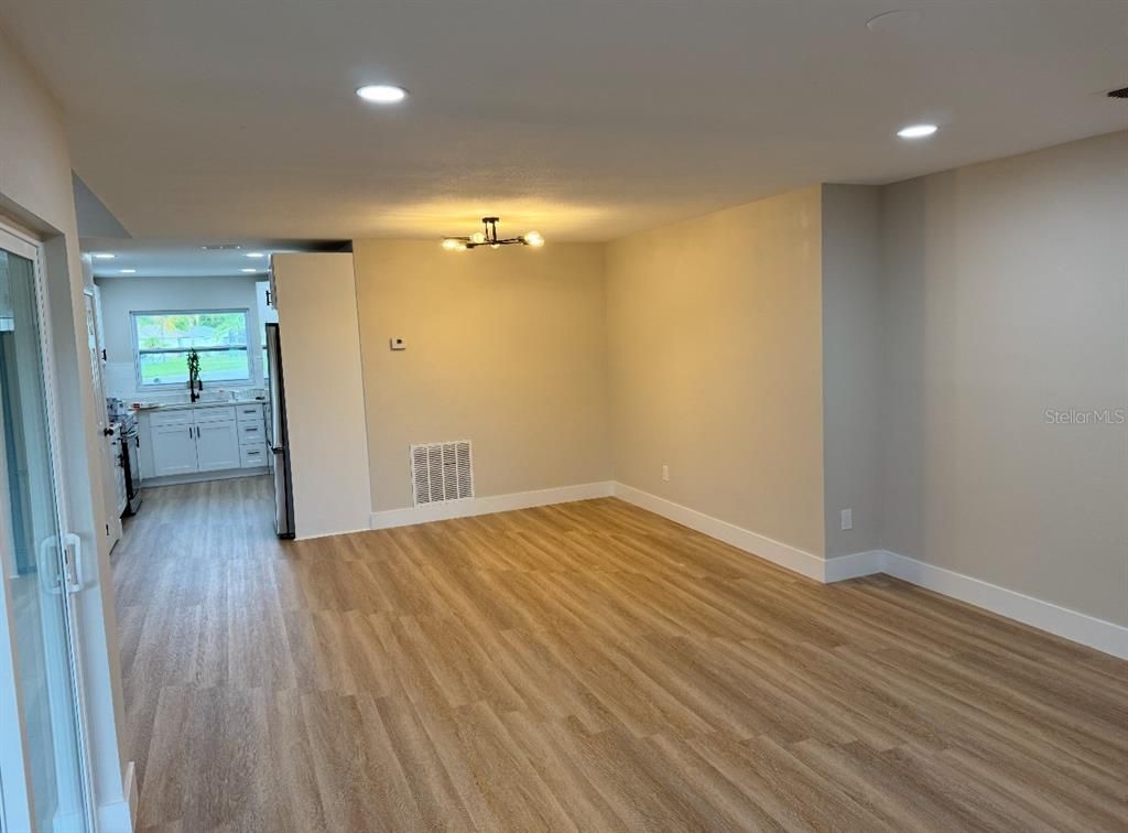 Empty room, Interior, Kitchen, Recessed Lighting, Wood Texture Flooring