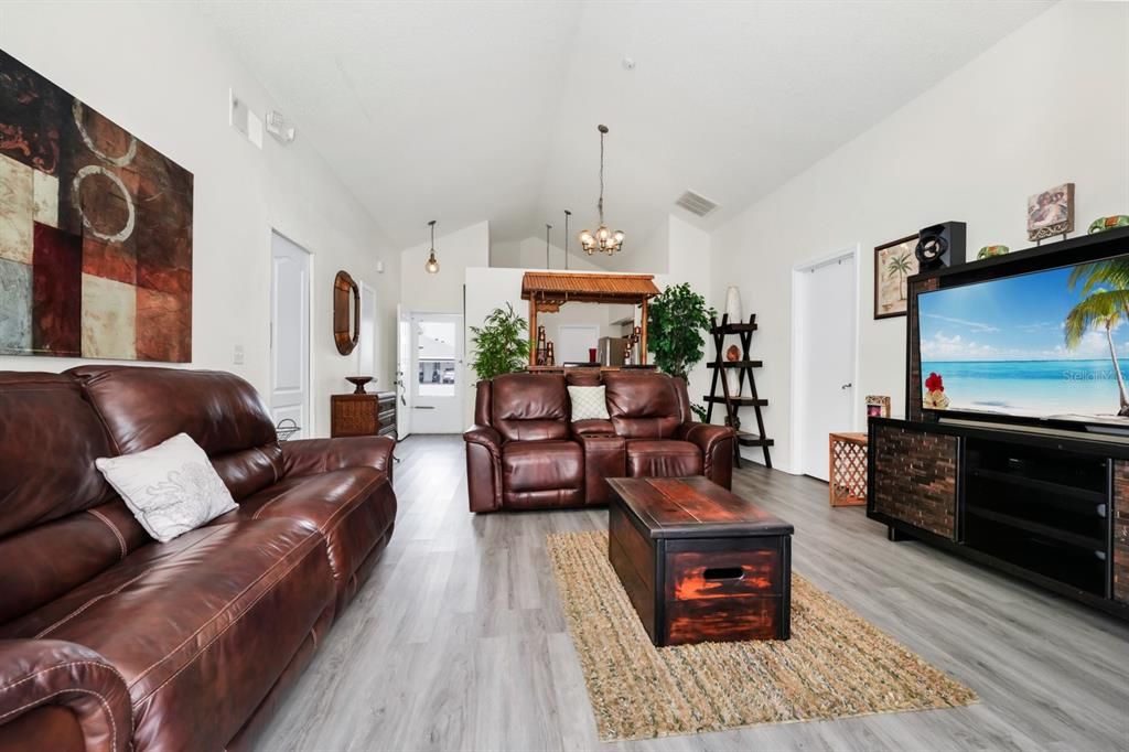Interior, Living room, Pendant Lights, Wood Texture Flooring