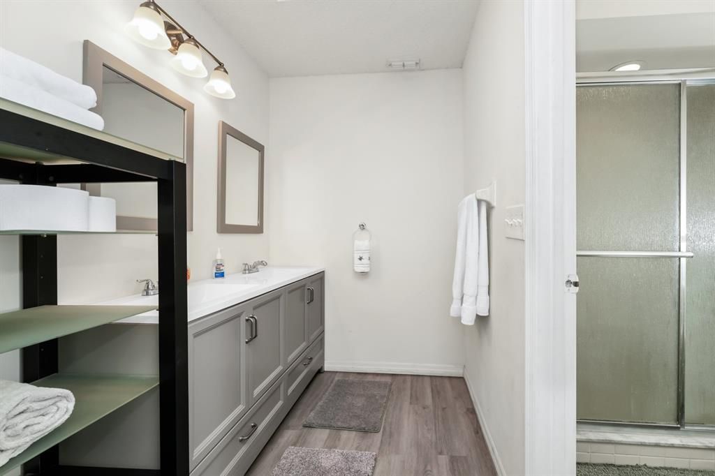 Bathroom, Glass Shower, Interior, Wood Texture Flooring