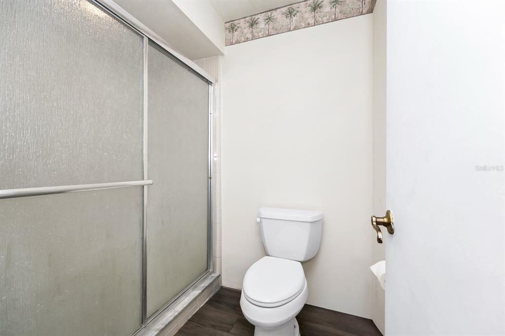 Bathroom, Glass Shower, Interior, Wood Texture Flooring