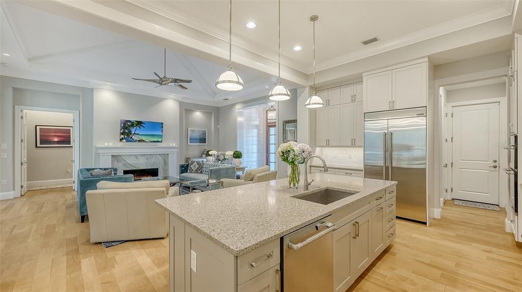Fireplace, Interior, Kitchen, Living room, Pendant Lights, Recessed Lighting, Stainless Steel Appliances, Wood Texture Flooring