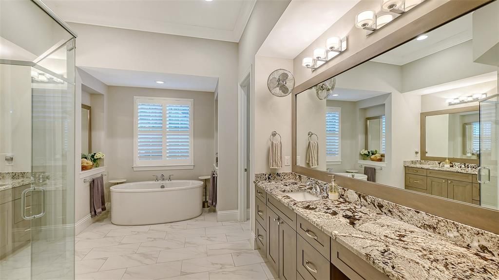 Bathroom, Dual Sink Vanities, Glass Shower, Interior, Marble, Recessed Lighting