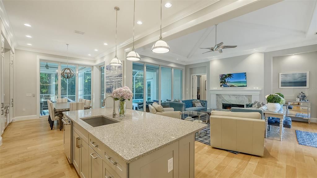 Dining room, Fireplace, Interior, Living room, Pendant Lights, Recessed Lighting, Wood Texture Flooring