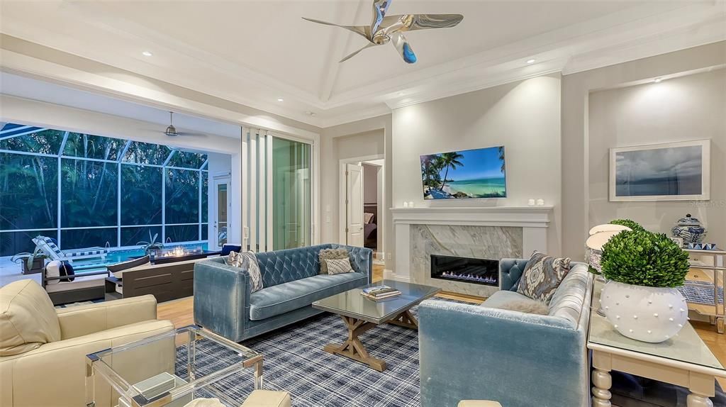 Fireplace, Interior, Living room, Recessed Lighting, Wood Texture Flooring