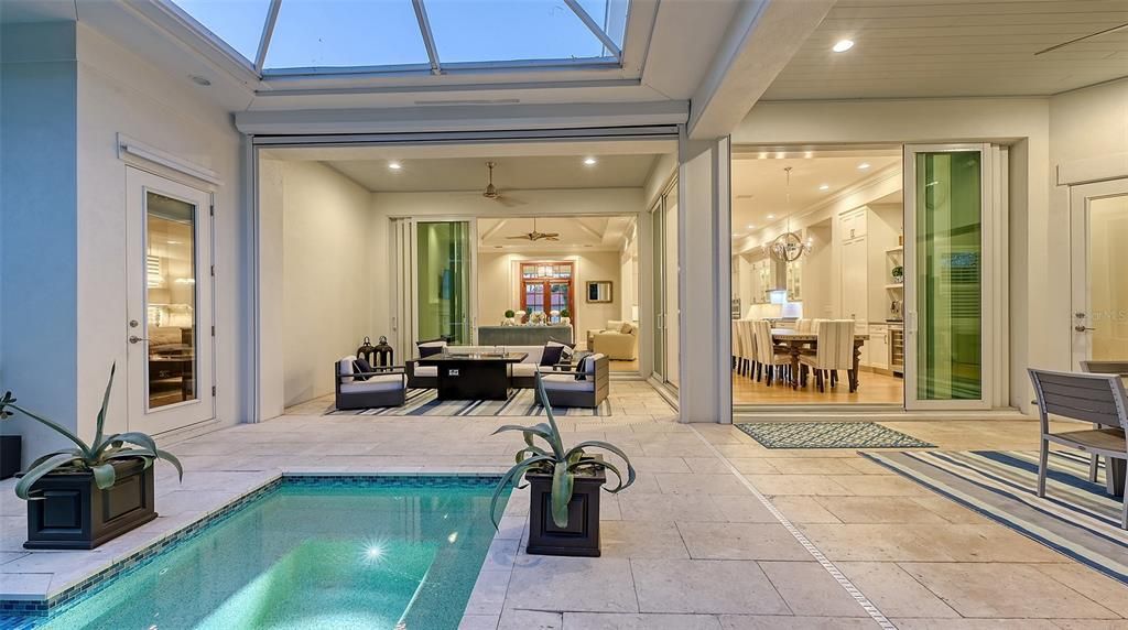 Dining room, Glass Ceilings, Interior, Pendant Lights, Pool, Recessed Lighting, Sun Room