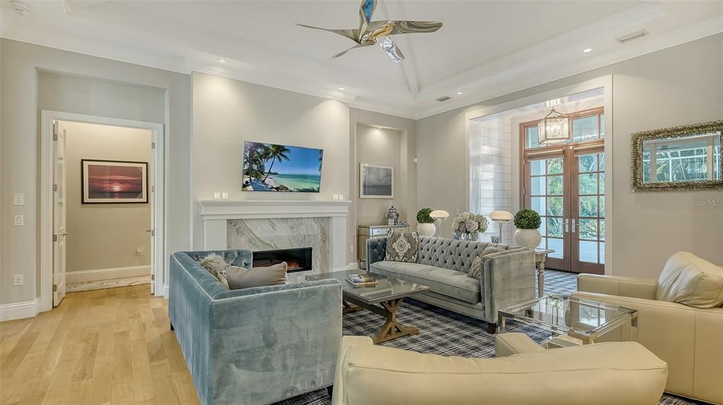 Fireplace, Interior, Living room, Recessed Lighting, Wood Texture Flooring