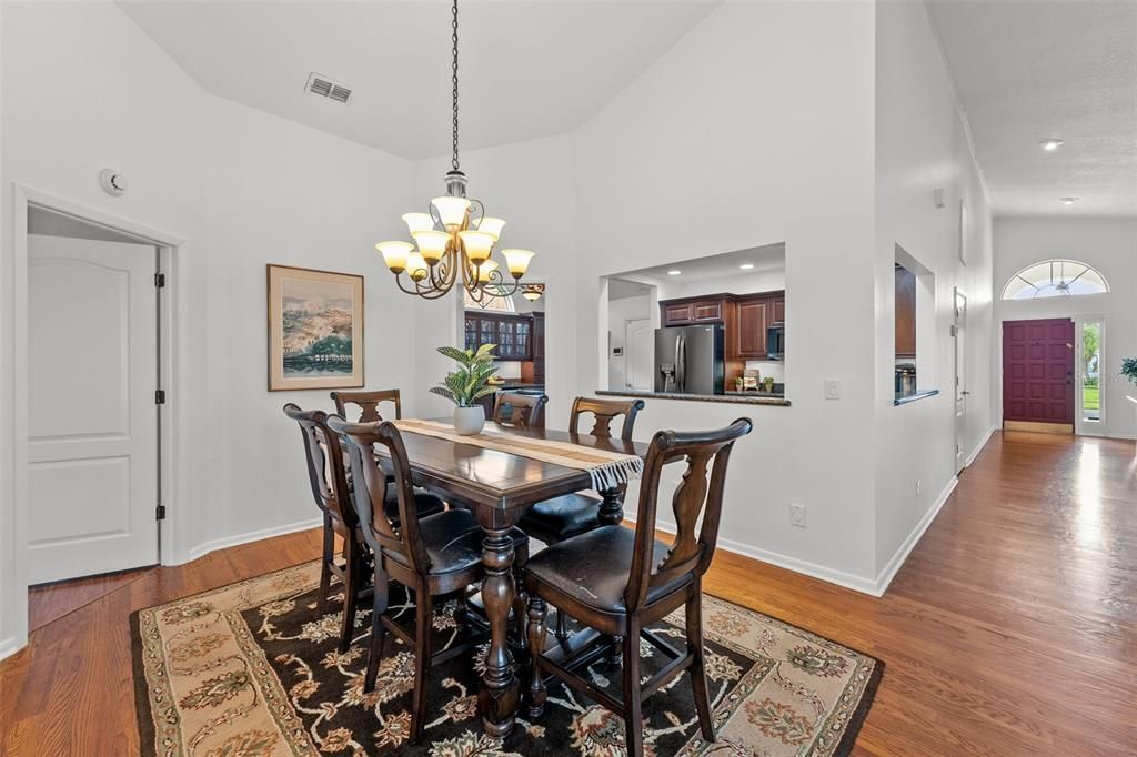 Chandelier, Dining room, Interior, Kitchen, Recessed Lighting, Wood Texture Flooring