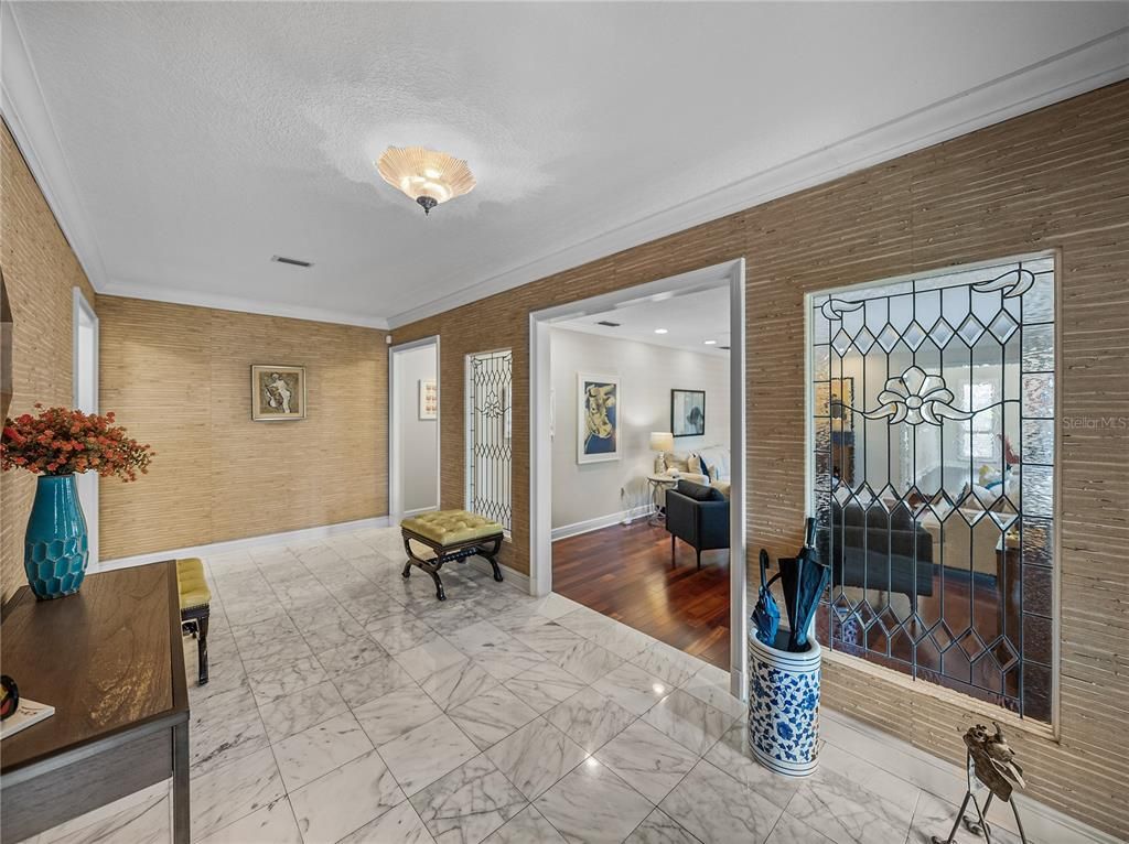 Interior, Living room, Marble, Recessed Lighting, Wood Texture Flooring