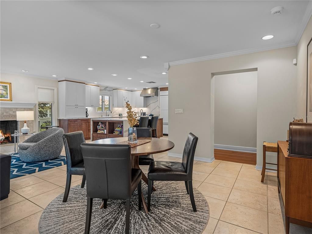 Dining room, Fireplace, Interior, Kitchen, Recessed Lighting