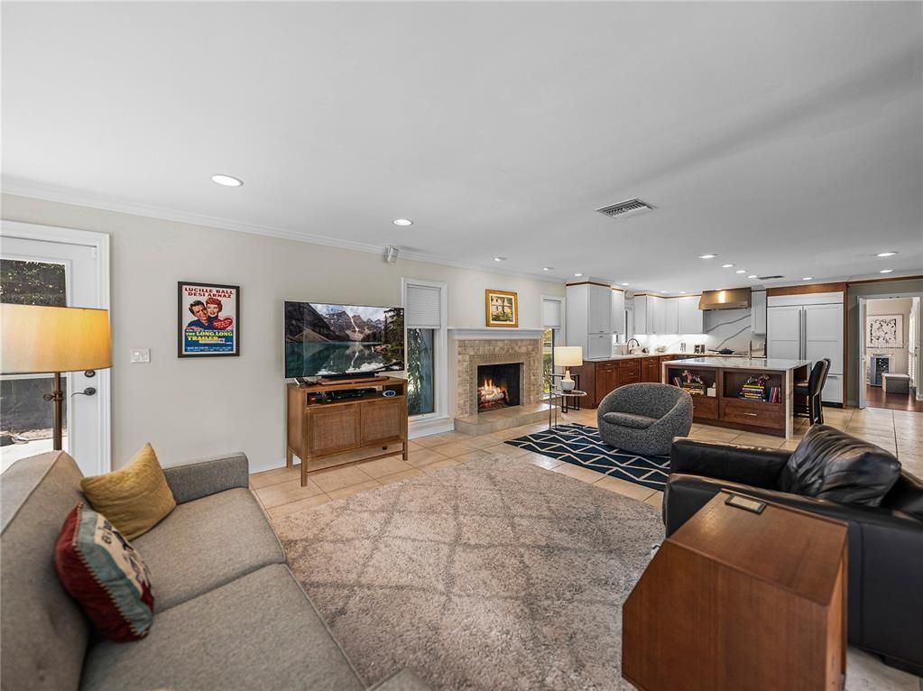 Fireplace, Interior, Kitchen, Living room, Pendant Lights, Recessed Lighting