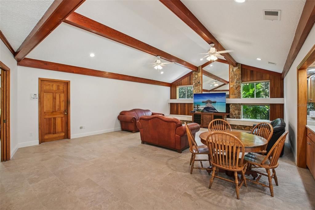 Dining room, Fireplace, Interior, Living room, Recessed Lighting