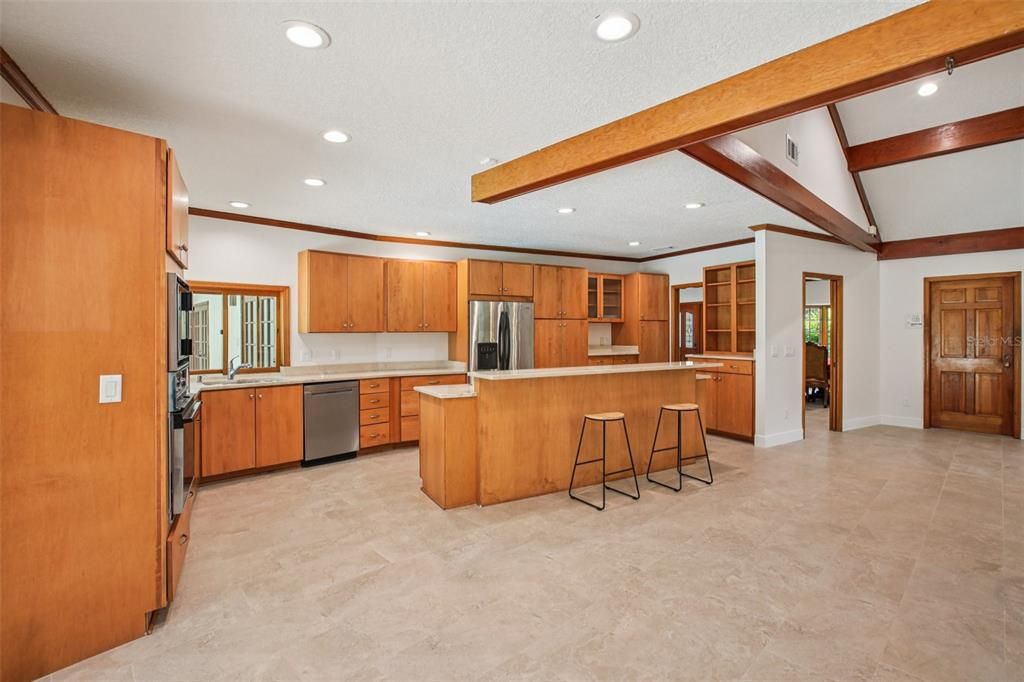 Interior, Kitchen, Recessed Lighting, Stainless Steel Appliances, Wooden Beams