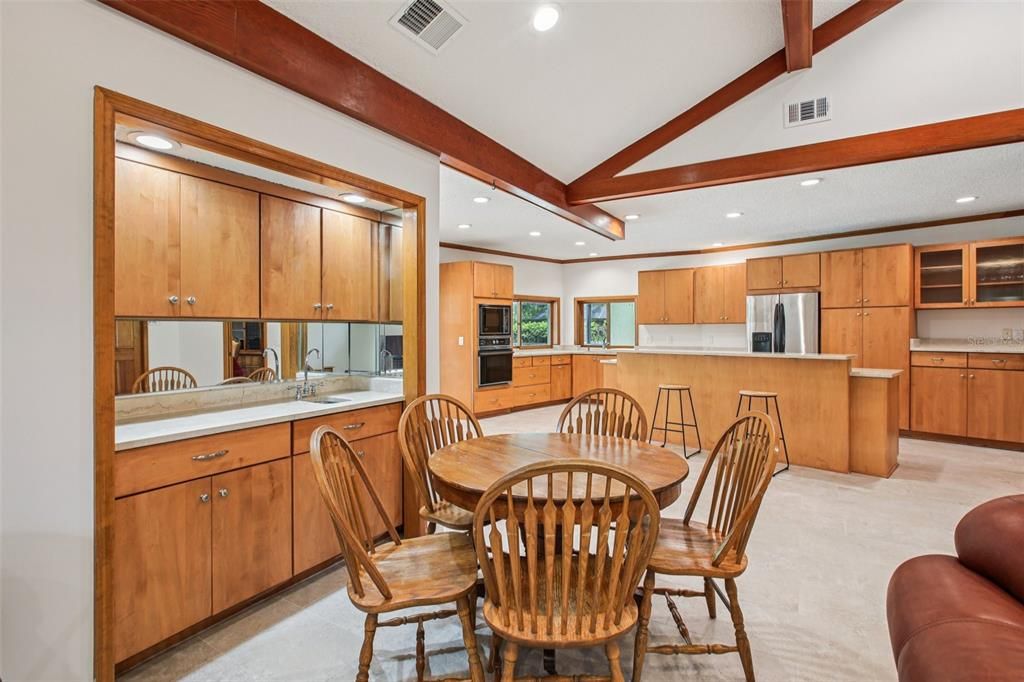 Dining room, Interior, Kitchen, Recessed Lighting, Stainless Steel Appliances, Wooden Beams