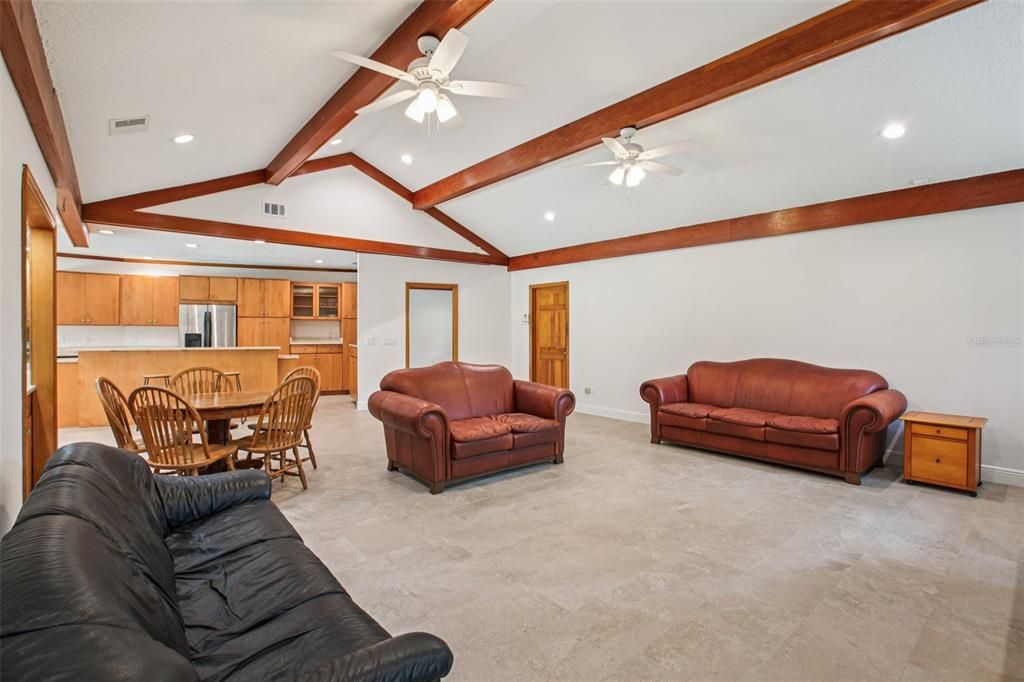 Dining room, Interior, Kitchen, Living room, Recessed Lighting, Stainless Steel Appliances, Wooden Beams