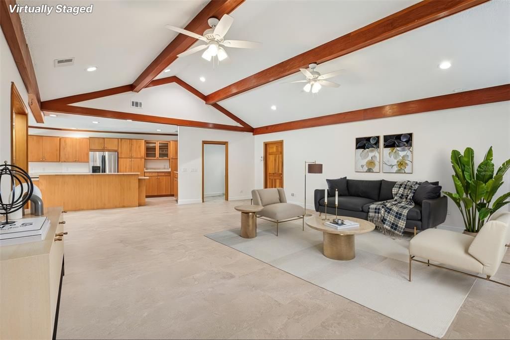 Interior, Kitchen, Living room, Recessed Lighting, Stainless Steel Appliances, Wooden Beams