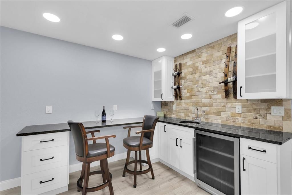 Interior, Kitchen, Recessed Lighting, Stone Walls, Wood Texture Flooring