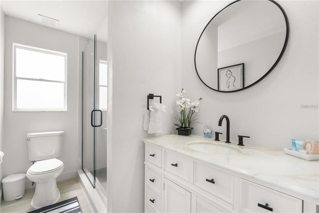 Bathroom, Glass Shower, Interior, Wood Texture Flooring