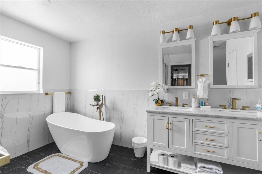 Bathroom, Dual Sink Vanities, Free Standing Baths, Interior, Marble