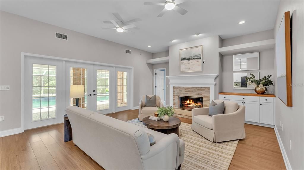 Fireplace, Interior, Living room, Recessed Lighting, Wood Texture Flooring