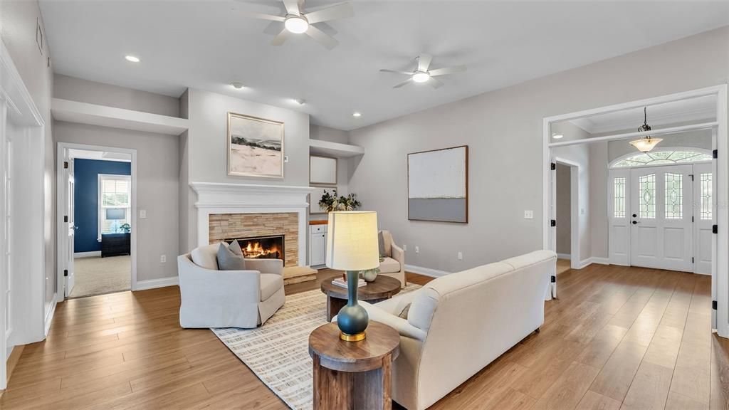 Fireplace, Interior, Living room, Pendant Lights, Recessed Lighting, Wood Texture Flooring