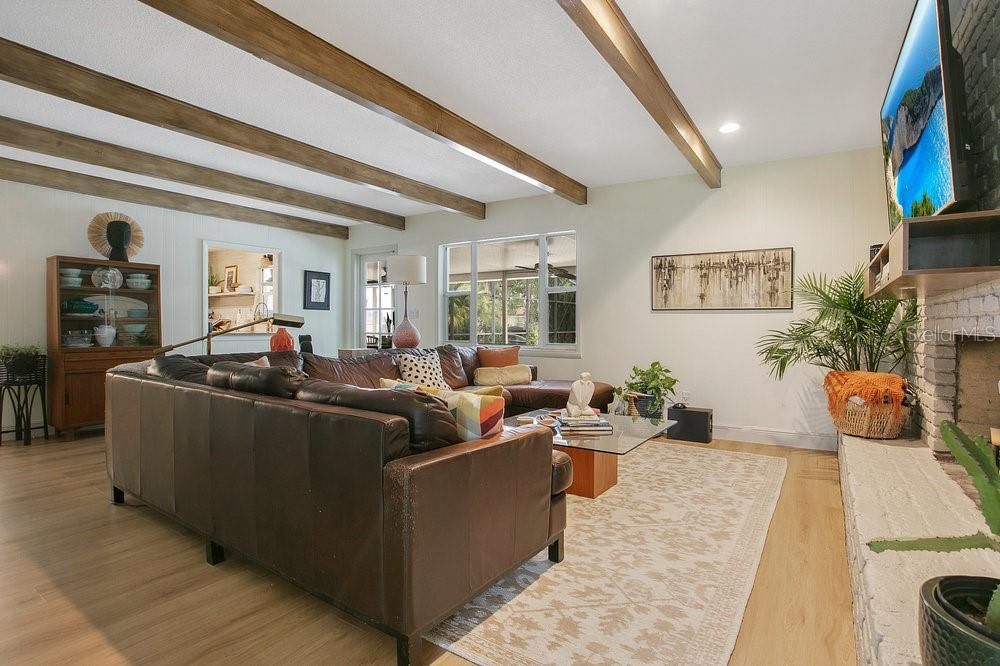 Fireplace, Interior, Living room, Recessed Lighting, Wooden Beams, Wood Texture Flooring