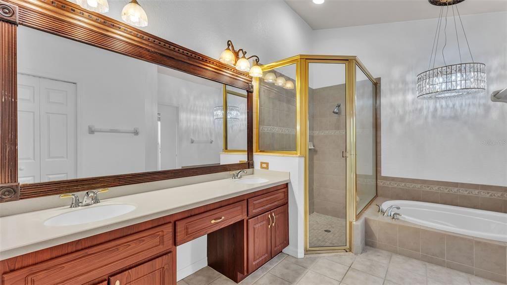 Bathroom, Dual Sink Vanities, Glass Shower, Interior, Pendant Lights, Recessed Lighting