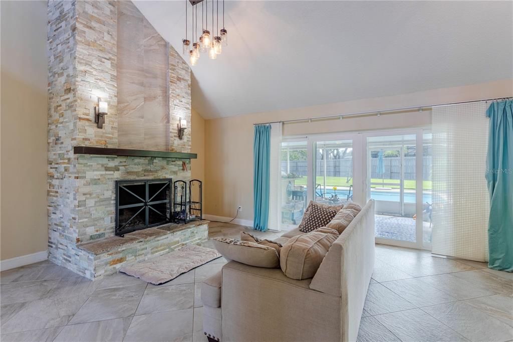 Fireplace, Interior, Living room, Pendant Lights