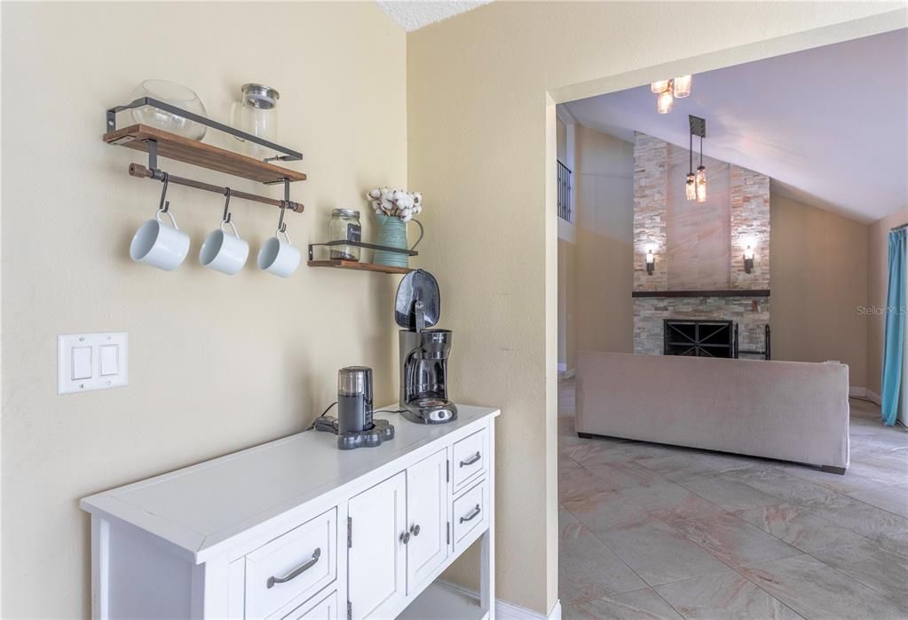 Fireplace, Interior, Pendant Lights, Stone Walls