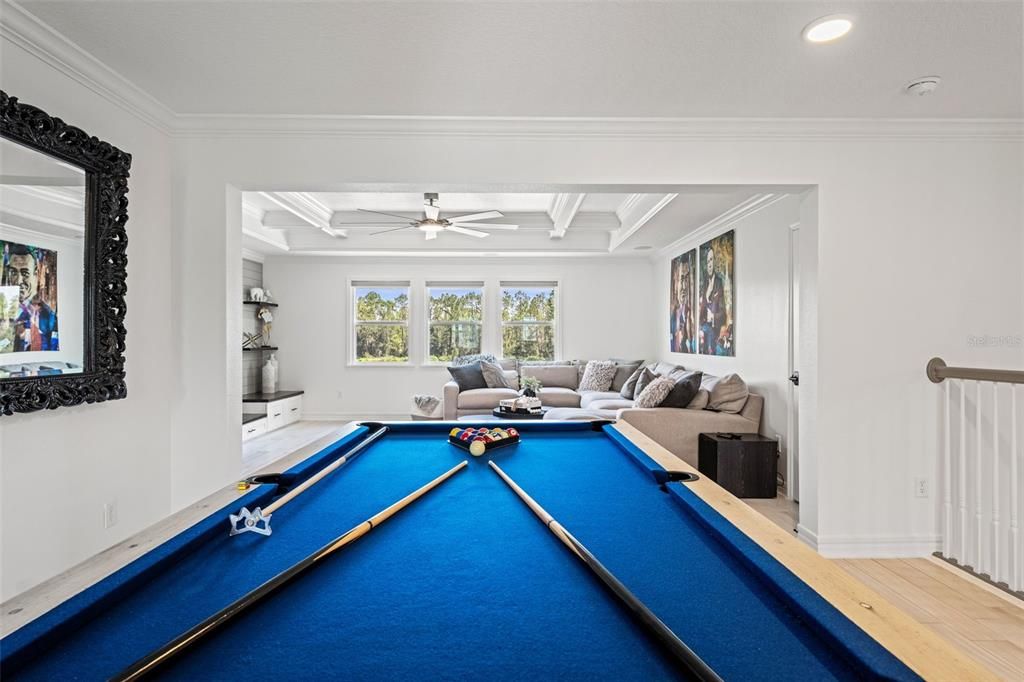 Billiard Table, Game Room, Interior, Living room, Recessed Lighting, Wood Texture Flooring
