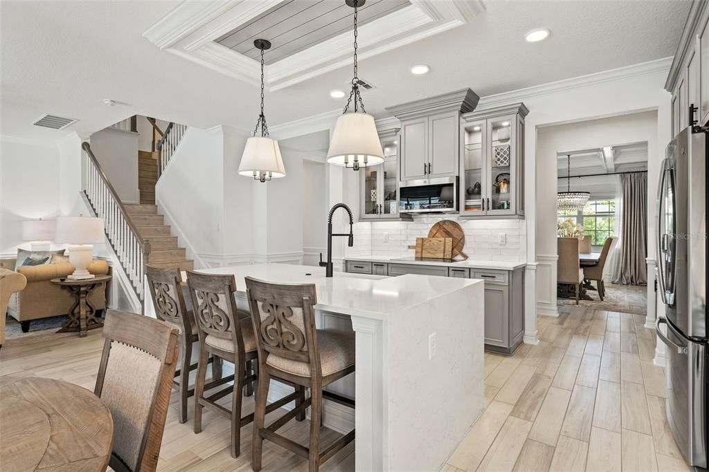 Dining room, Interior, Kitchen, Pendant Lights, Recessed Lighting, Stainless Steel Appliances, Wood Texture Flooring