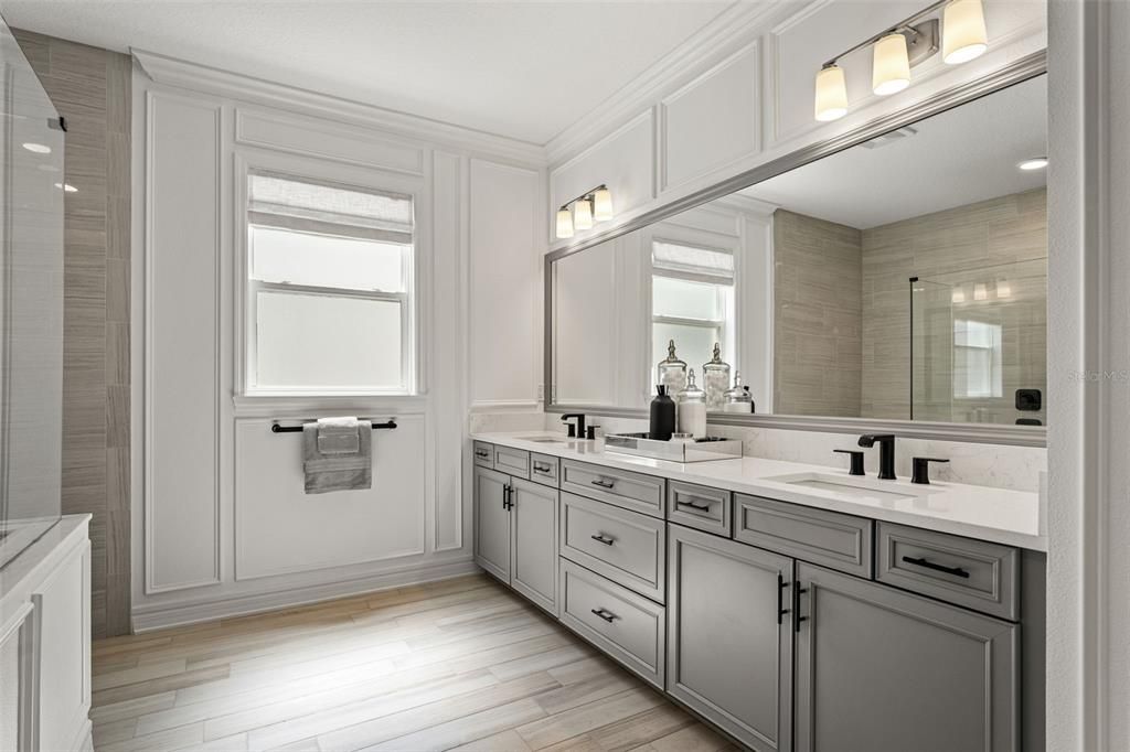 Bathroom, Dual Sink Vanities, Glass Shower, Interior, Wood Texture Flooring