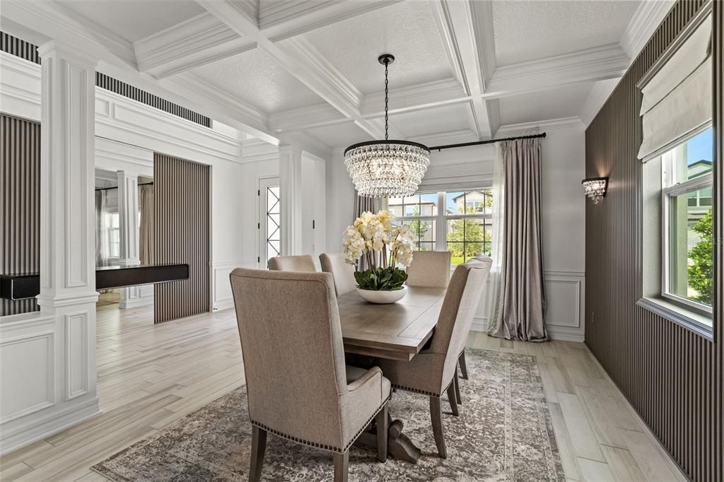 Chandelier, Dining room, Interior, Wood Texture Flooring