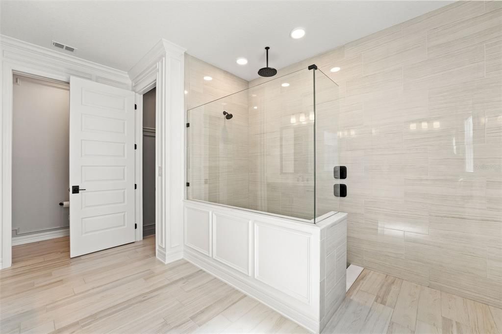 Bathroom, Glass Shower, Interior, Recessed Lighting, Wood Texture Flooring