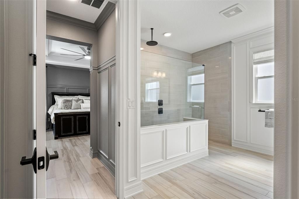 Bathroom, Bedroom, Glass Shower, Interior, Recessed Lighting, Wood Texture Flooring