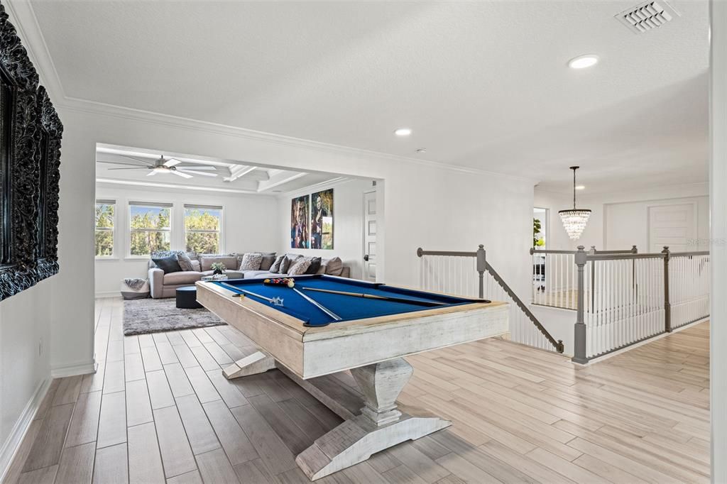 Billiard Table, Game Room, Interior, Pendant Lights, Recessed Lighting, Wood Texture Flooring