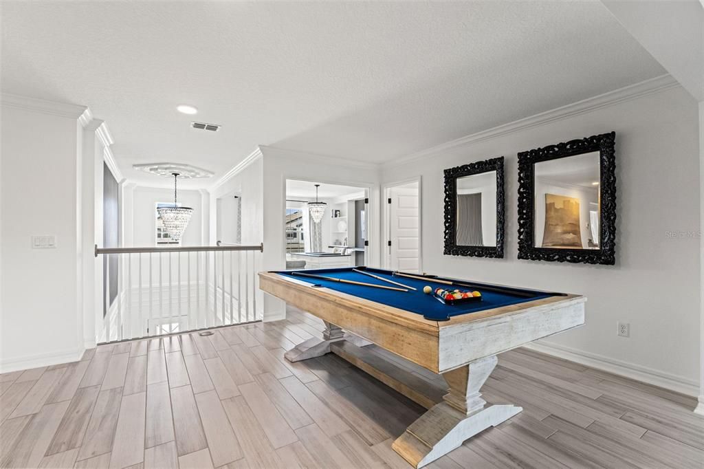 Billiard Table, Game Room, Interior, Recessed Lighting, Wood Texture Flooring