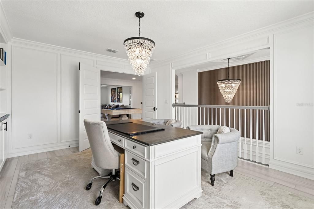 Chandelier, Home Office, Interior, Wood Texture Flooring
