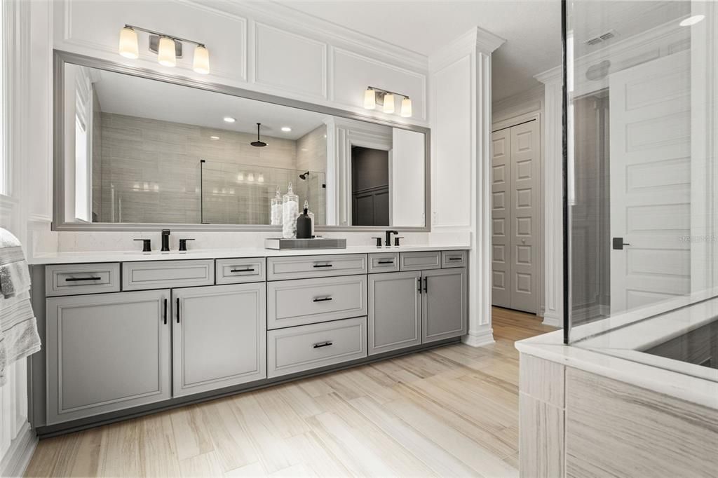 Bathroom, Dual Sink Vanities, Glass Shower, Interior, Wood Texture Flooring