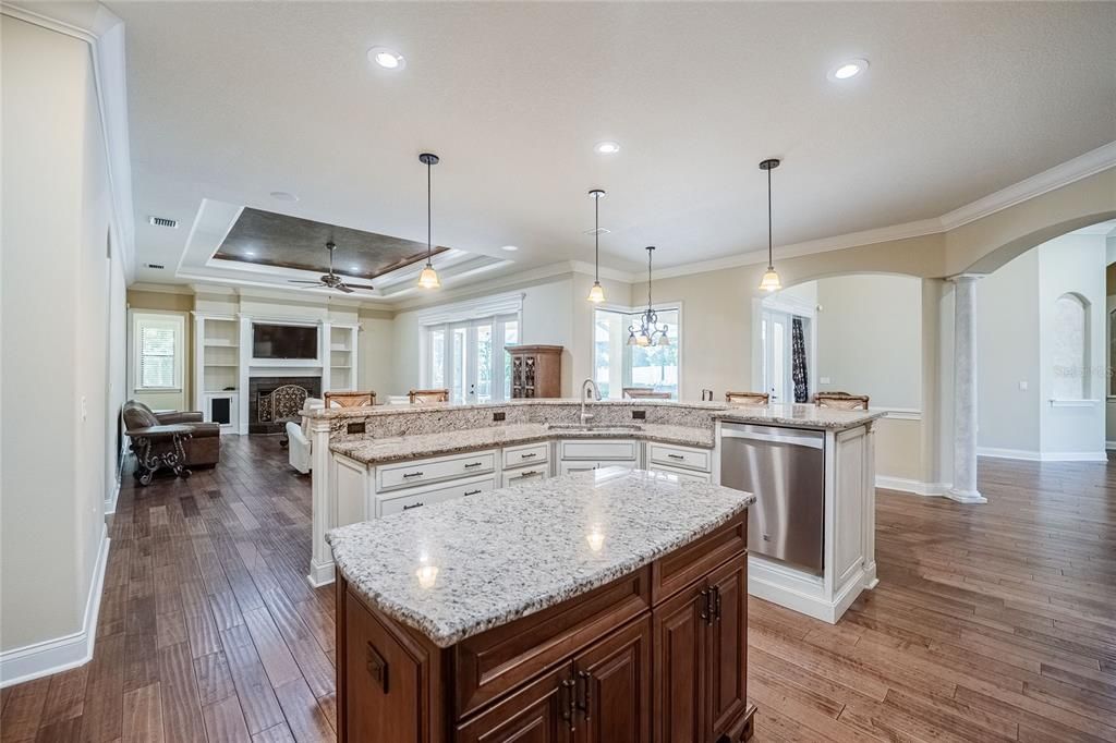 Fireplace, Interior, Kitchen, Living room, Pendant Lights, Recessed Lighting, Wood Texture Flooring
