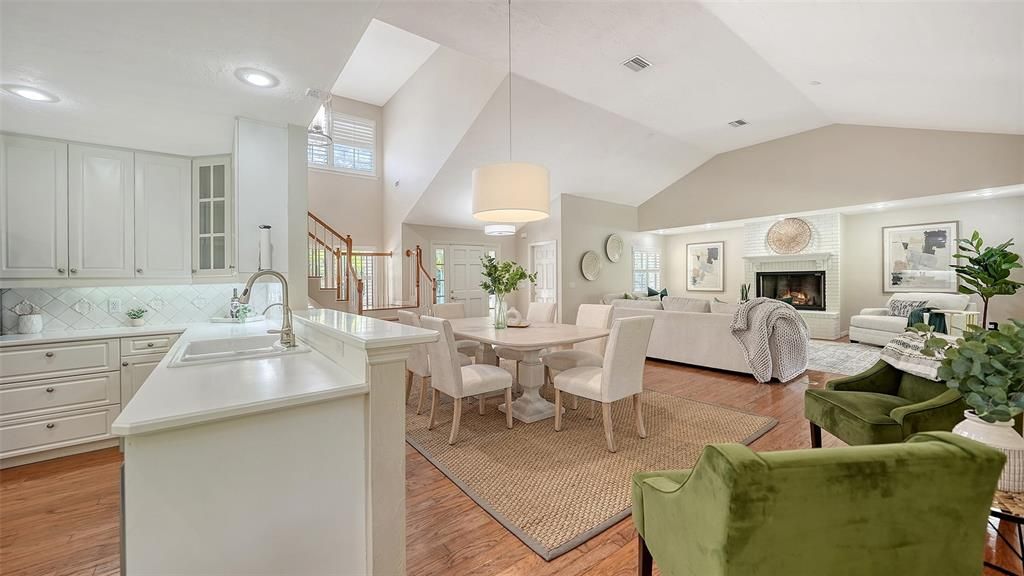 Dining room, Fireplace, Interior, Kitchen, Living room, Pendant Lights, Recessed Lighting, Wood Texture Flooring