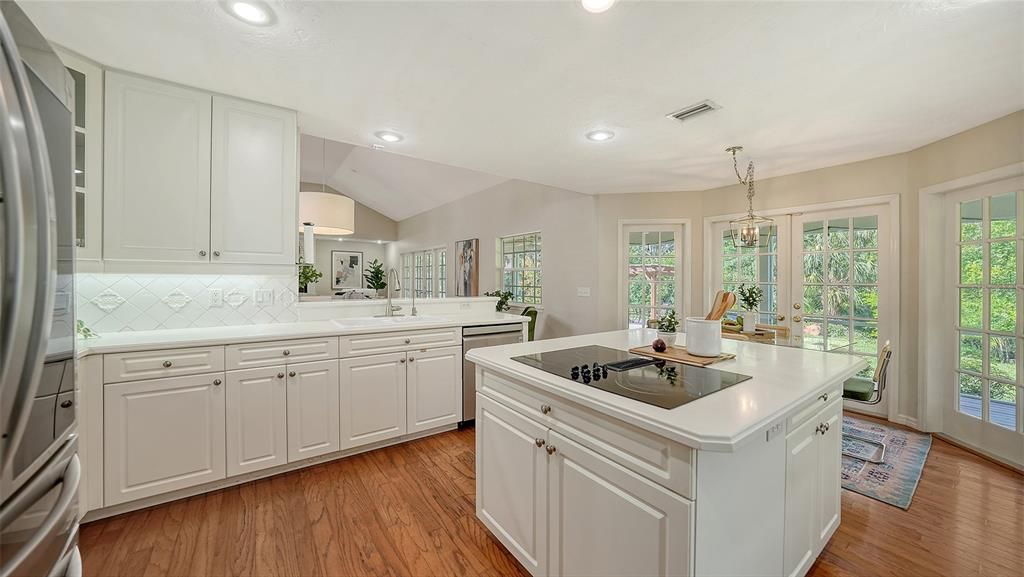 Chandelier, Interior, Kitchen, Recessed Lighting, Wood Texture Flooring
