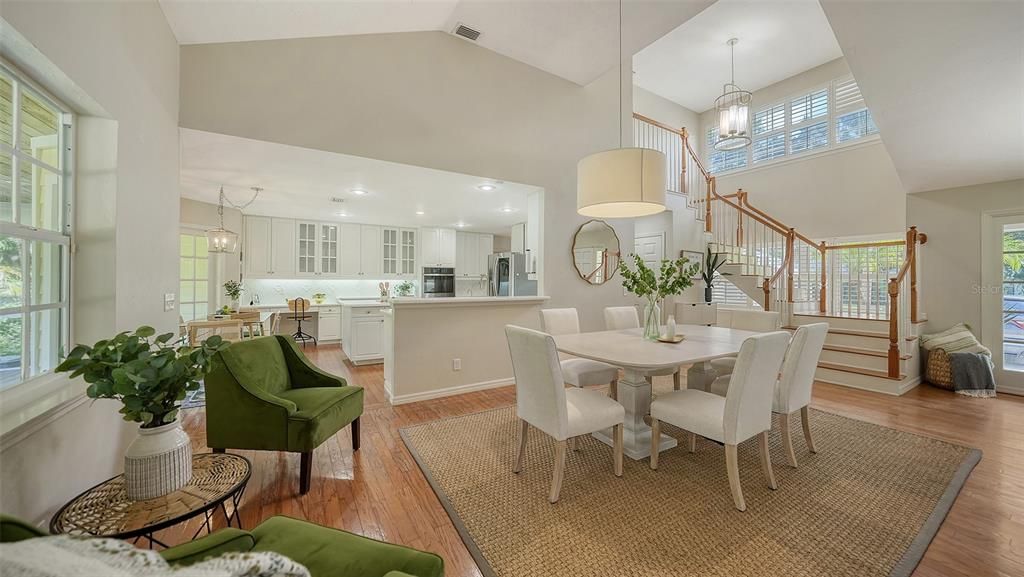 Dining room, Interior, Kitchen, Pendant Lights, Recessed Lighting, Wood Texture Flooring