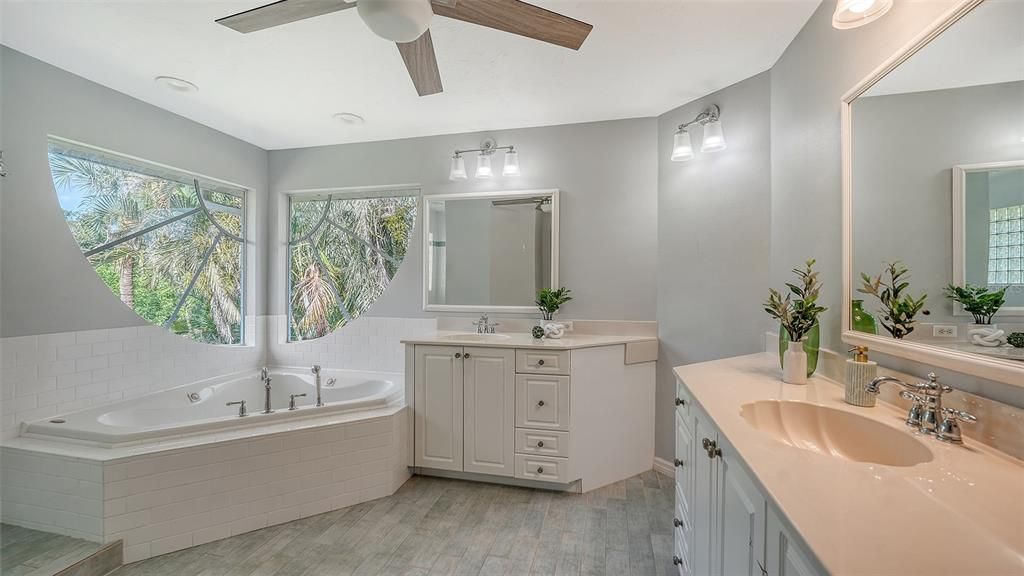 Bathroom, Dual Sink Vanities, Interior, Recessed Lighting, Wood Texture Flooring