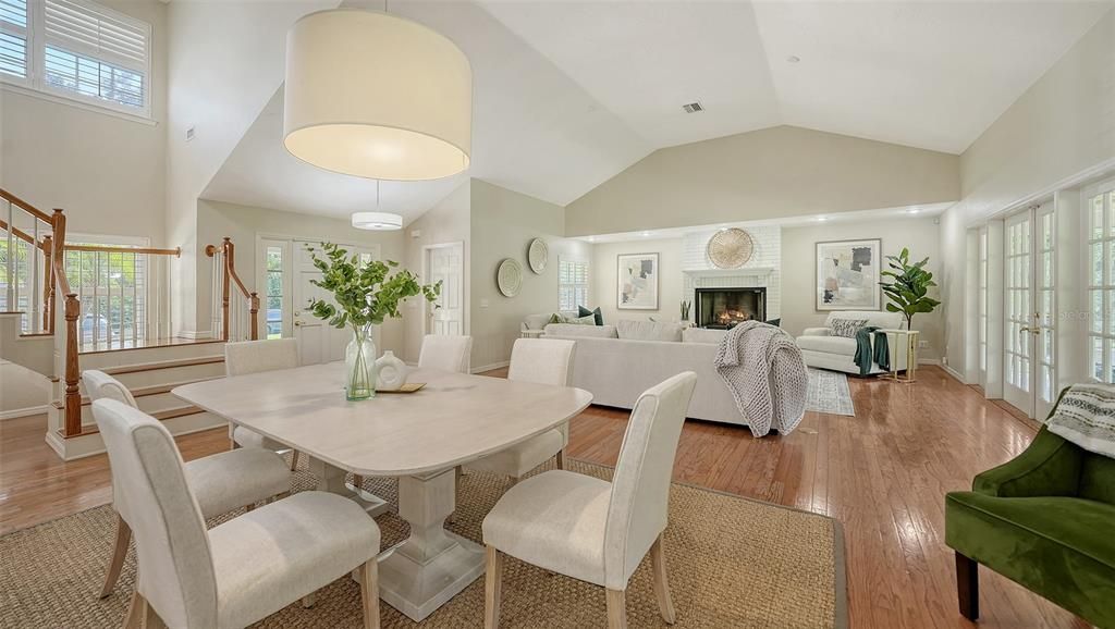 Dining room, Fireplace, Interior, Living room, Wood Texture Flooring