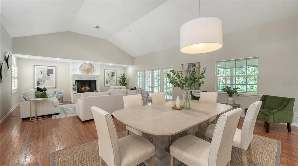 Dining room, Fireplace, Interior, Living room, Pendant Lights, Wood Texture Flooring
