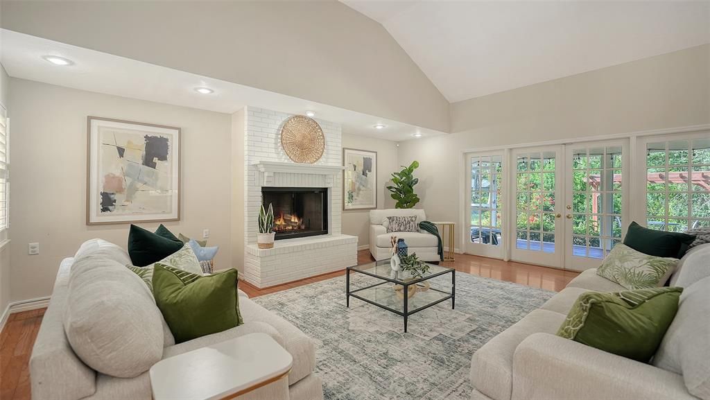 Fireplace, Interior, Living room, Recessed Lighting, Stone Walls, Wood Texture Flooring